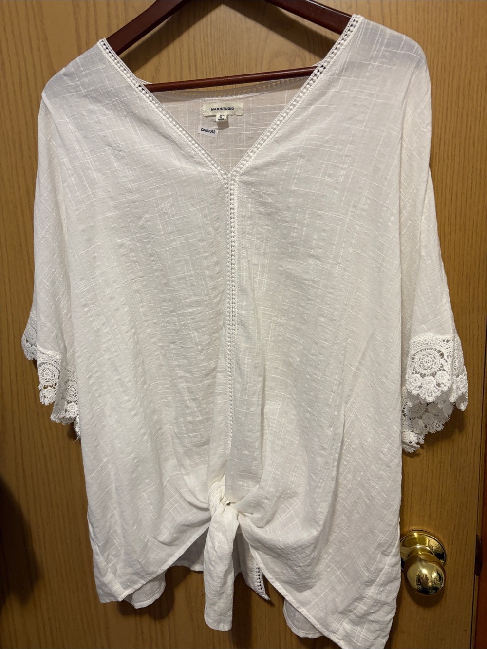 Max Studio White V-Neck Tie-Front Tunic with Lace Sleeves
